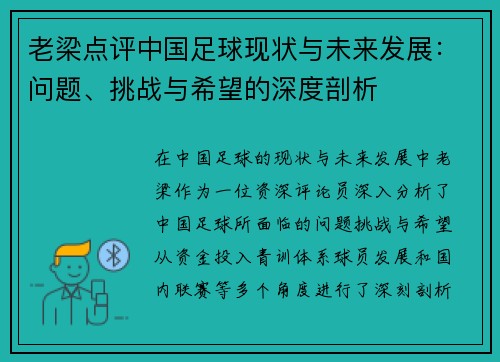 老梁点评中国足球现状与未来发展：问题、挑战与希望的深度剖析